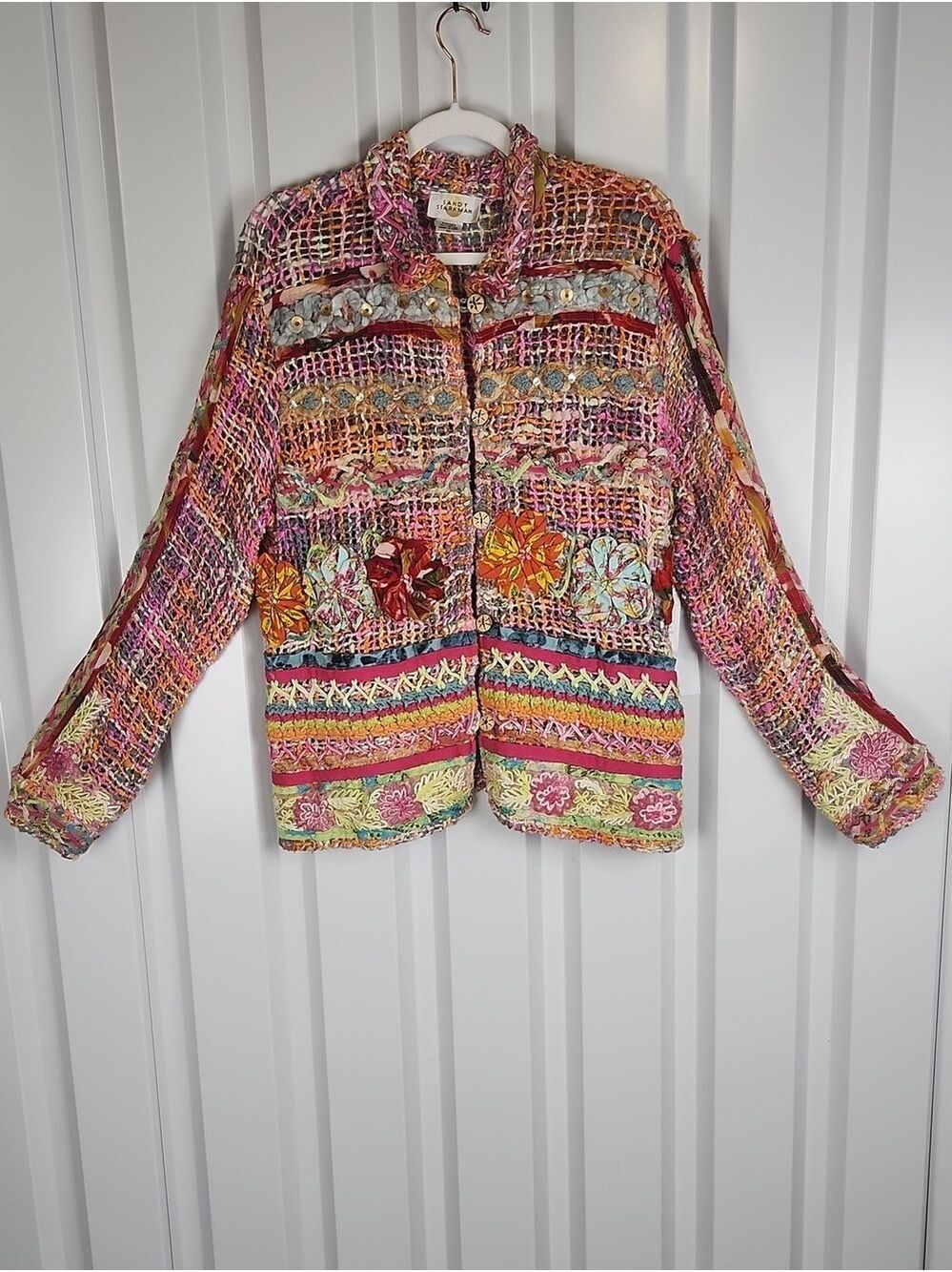 Sandy Starkman Boho Jacket Multicolor Crochet Macrame Artisan Floral Knit XL NWT
